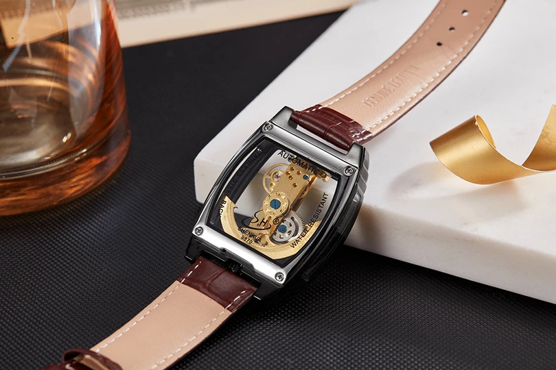 Luxury Automatic Mechanical Watch Hollow Steampunk Dial Men Mens Skeleton Tonneau Clock Male Orologio Hombre Relogio Masculino