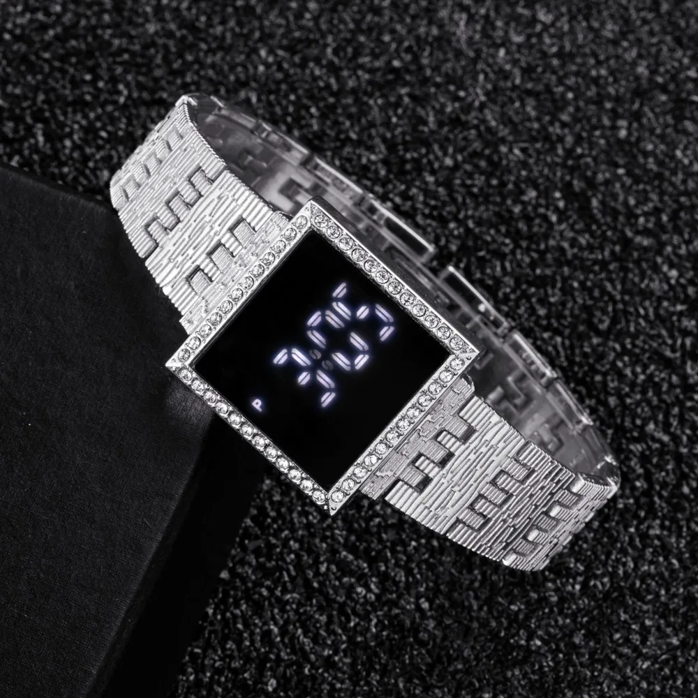 Women Watches Luxury Rhinestone Square Led Digital Watches Women Simple Electronic Wristwatch Waterproof Luminous Ladies Clock