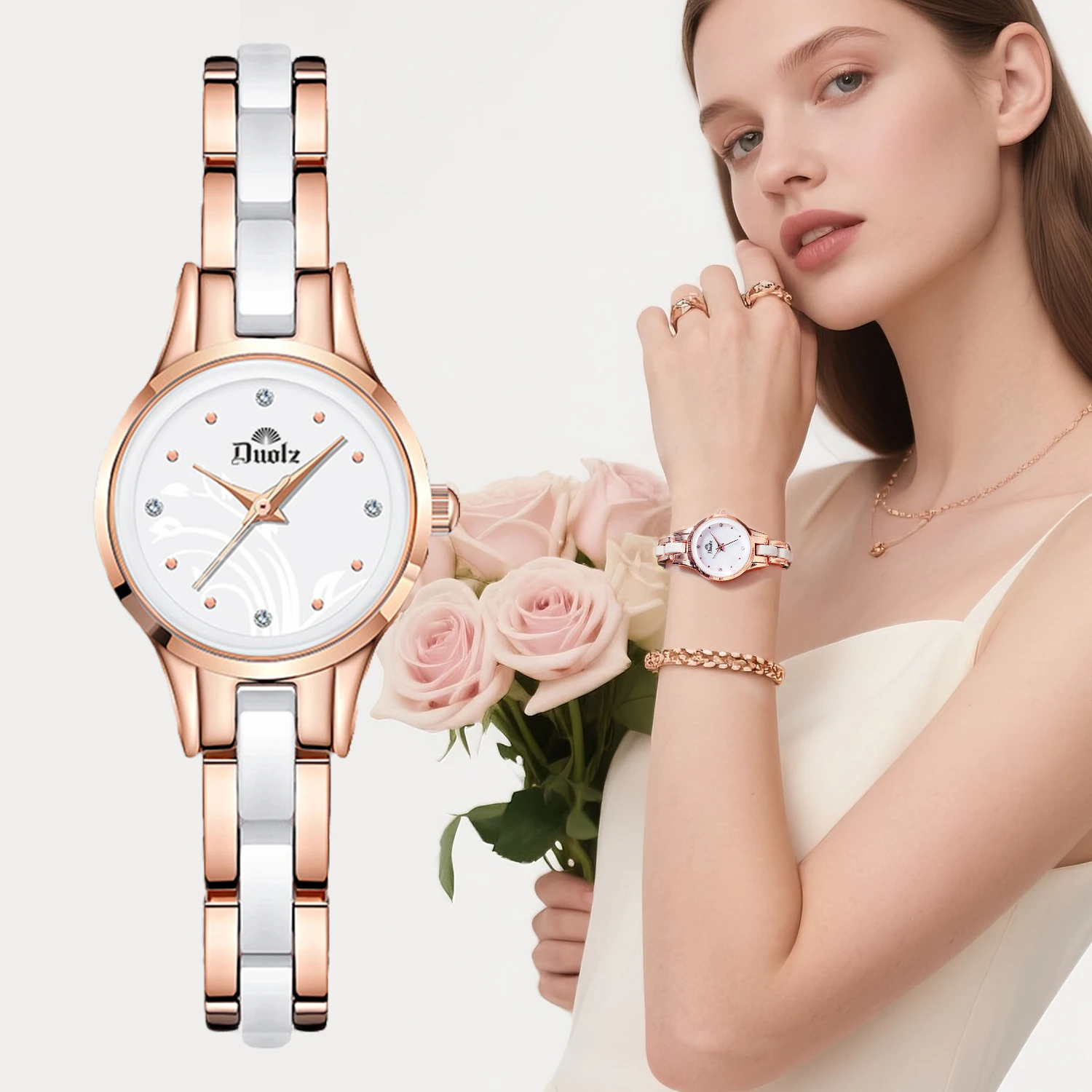 

Керамические кварцевые женские часы, модные роскошные водонепроницаемые часы с календарем и бриллиантами, розовое золото, подарочные часы, женские часы, женские часы