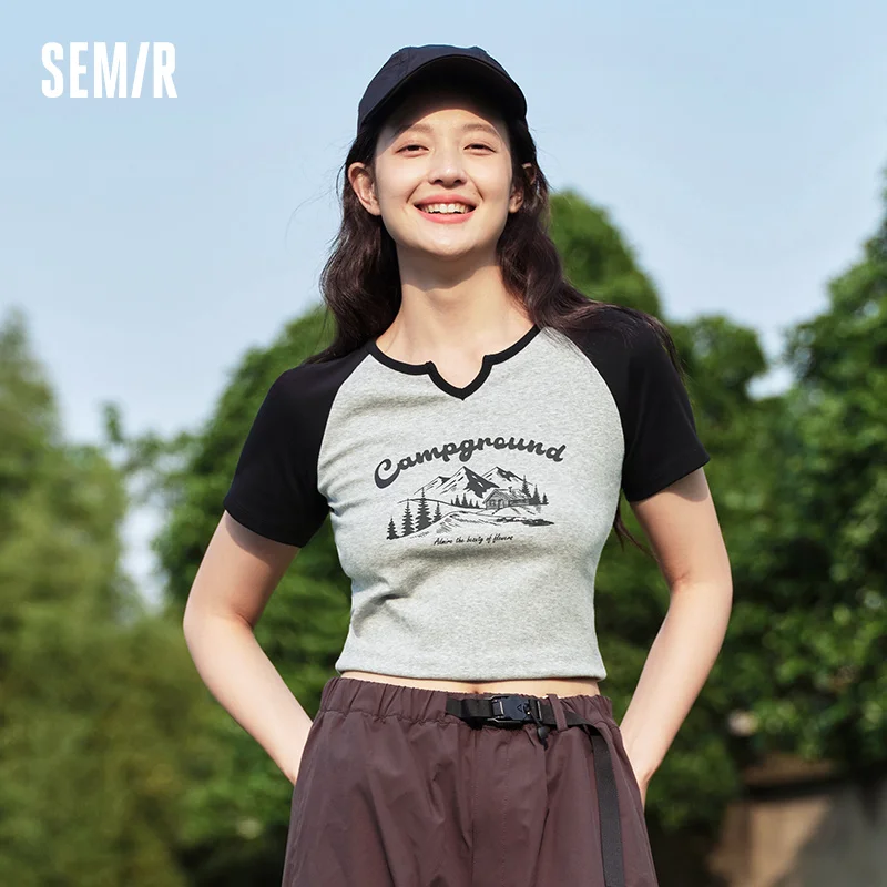

Semir Short-sleeved T-shirt Women Short Style Tight Fit Slimming 2025 New Summer Printed Raglan Sleeve Clothes for Summer