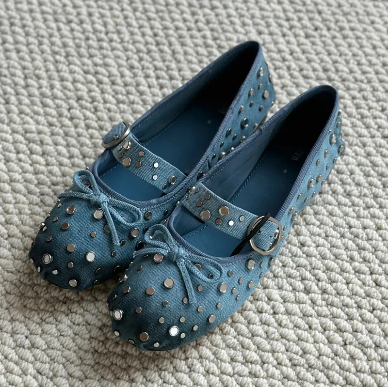 Retro Bow Fashion Single Shoe Women's Summer New Blue Denim Rivet Decoration Flat Ballet Shoes Women