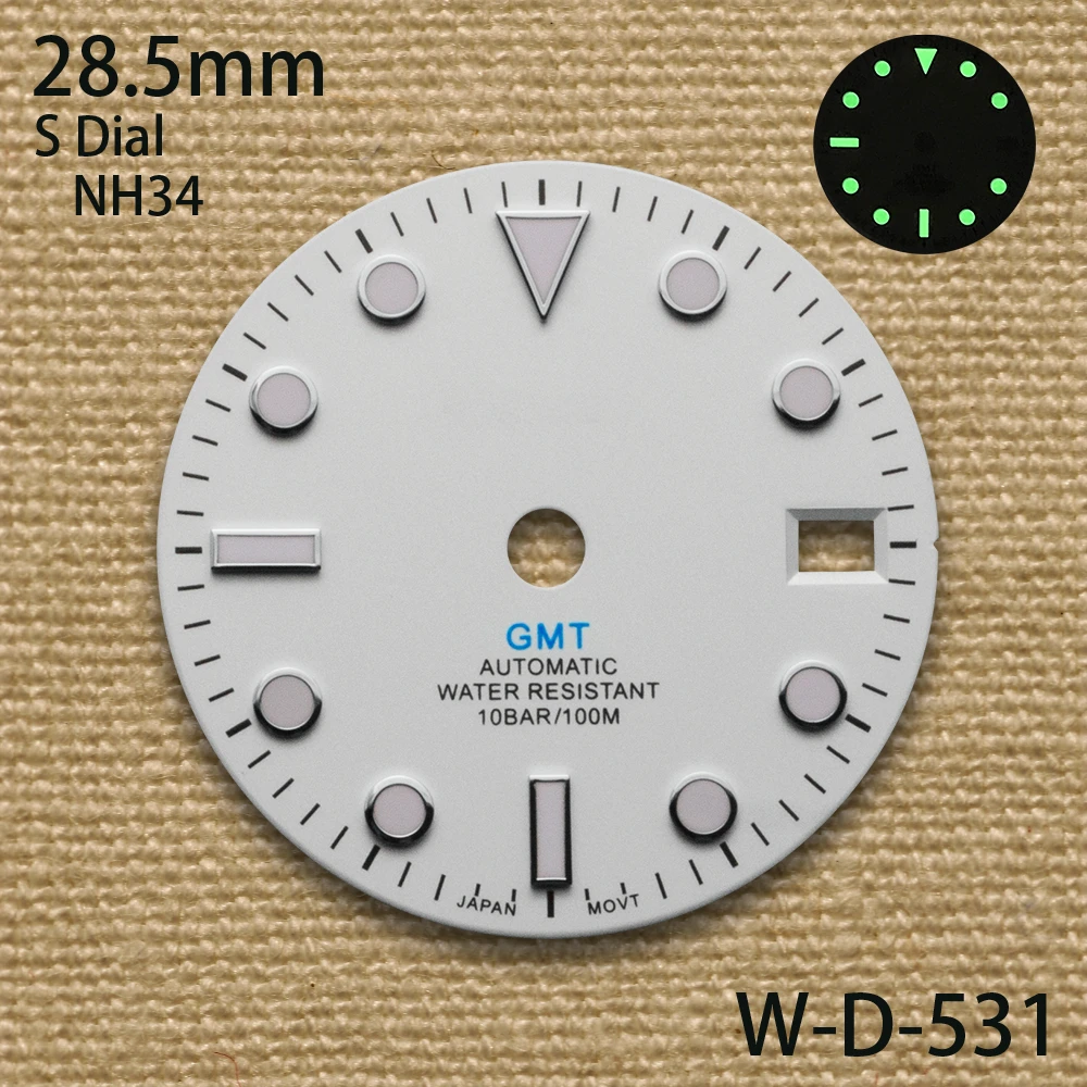 28.5mm White GMT S Dial Suitable for NH34 Movement C3 Green Luminous High Quality Dial Watch Modification Accessories