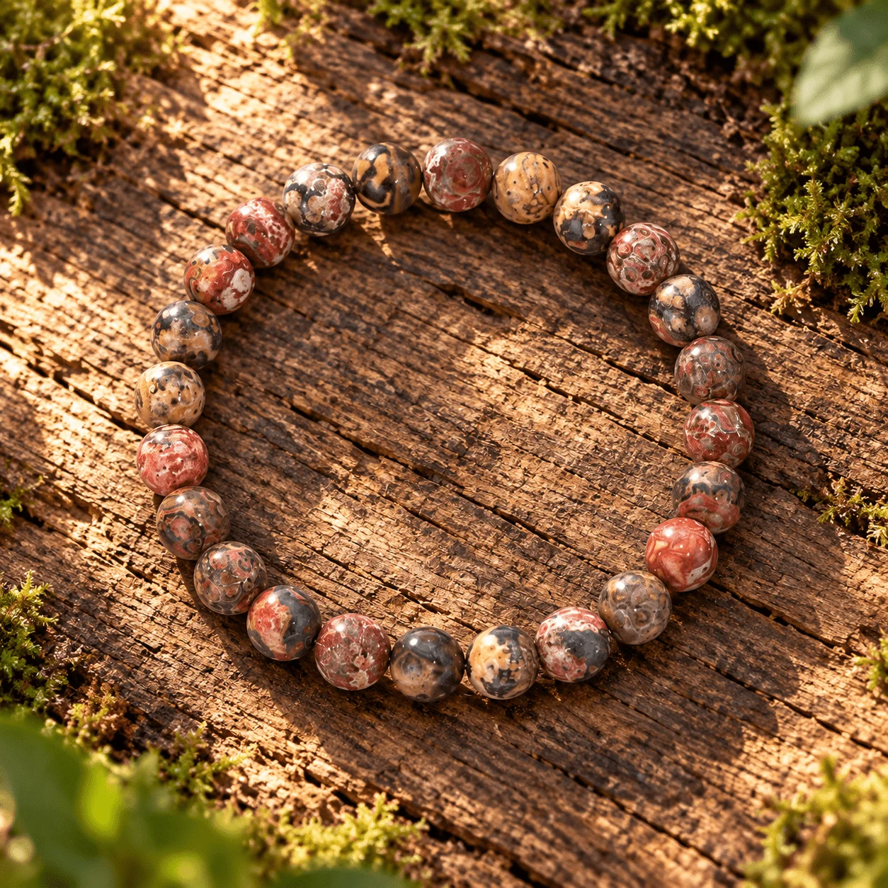 Leopard Print Crystal Red Brown Natural Texture Round Bead Bracelet, Symbolizing Nature and Growth, Unisex Bohemian Style Jewelr