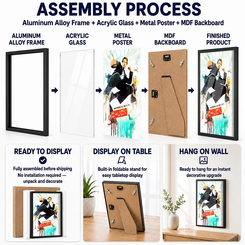 Chuck Action Comedy Movie Framed Aluminum Metal Poster Customized Photo Modern Visual Style Wall Art For Bedroom Director Gift