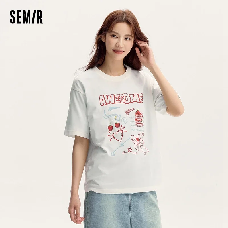 Semir Short-Sleeved T-Shirt Women Sweet Dessert Print Loose Fit Clothing 2024 Summer New With A Unique And Niche Style