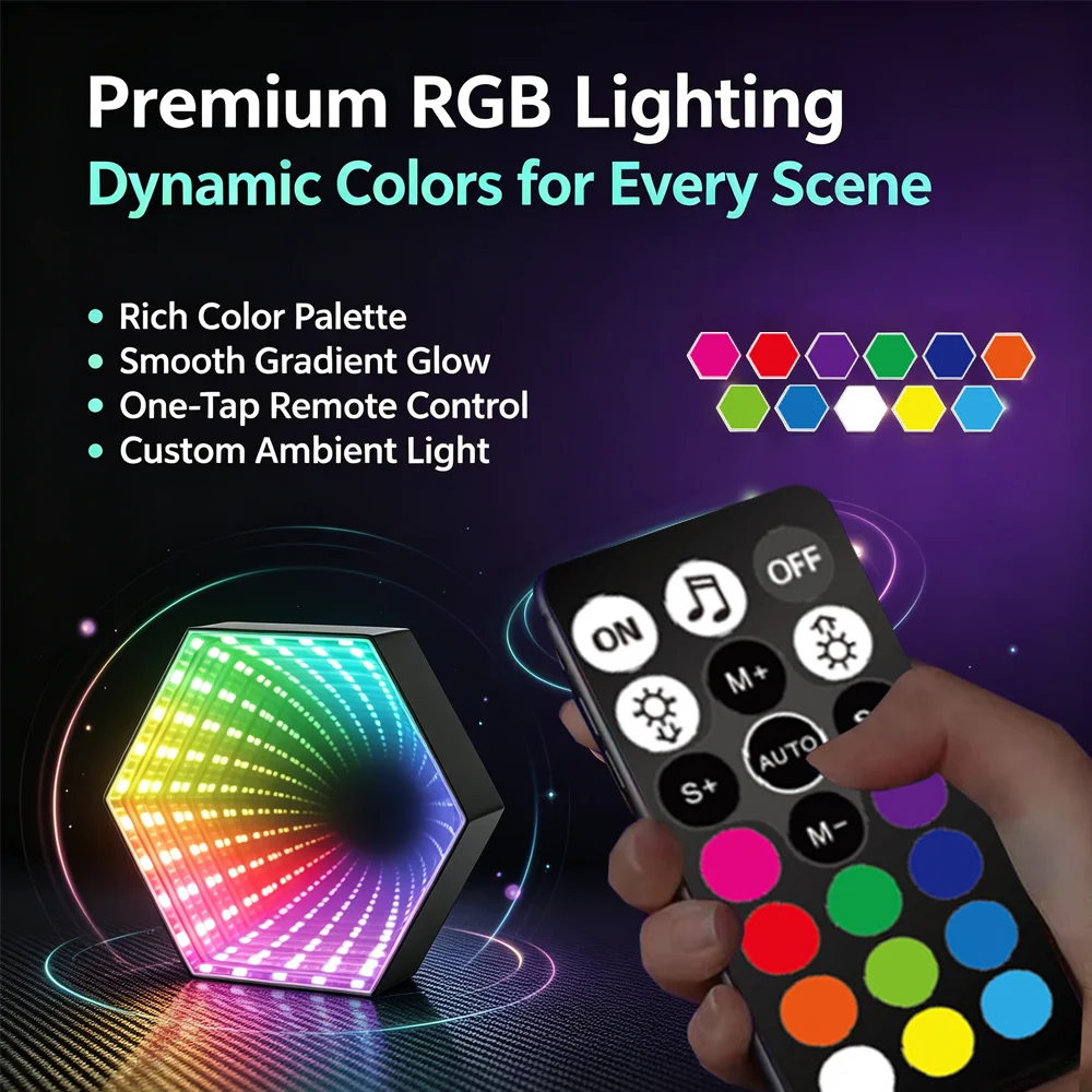 5V RGB Smart Wall Lamp Color Changing Ambient Night Light 3D Hexagonal Mirror Tunnel Light Music Rhythm Remote Control Game Room view 4