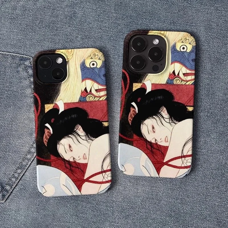 Japanische Ukiyo-e-Handyhülle mit traditionellen Figuren und mythologischen Tiermotiven für iPhone 18 17 16 15 14 11 12 13 Pro Max Plus Rückseiten-Cover – Detail 2