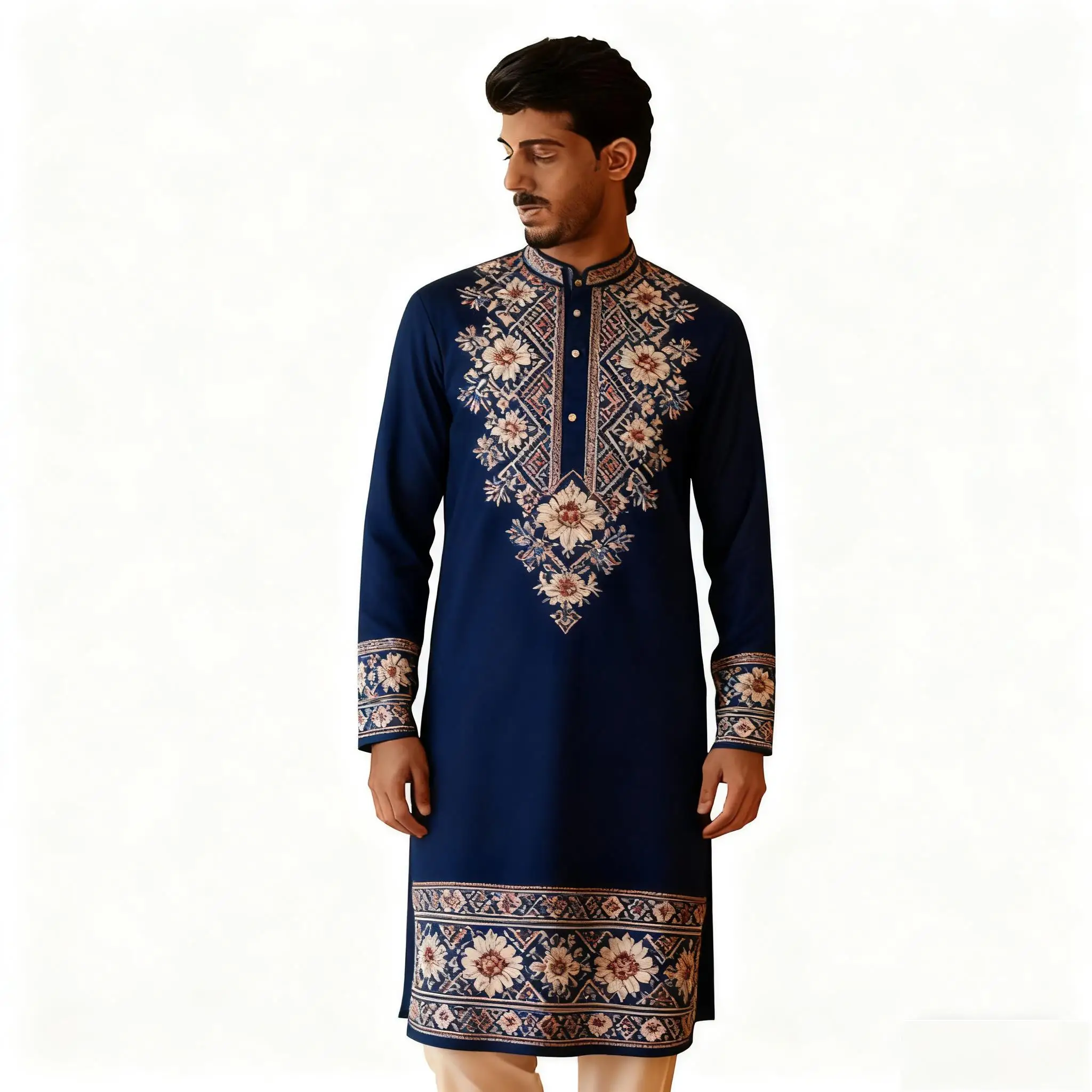 Caftan muçulmano dubai masculino robe de manga comprida estilo étnico 2026 gola roupas árabes dubai marroquino kaftan