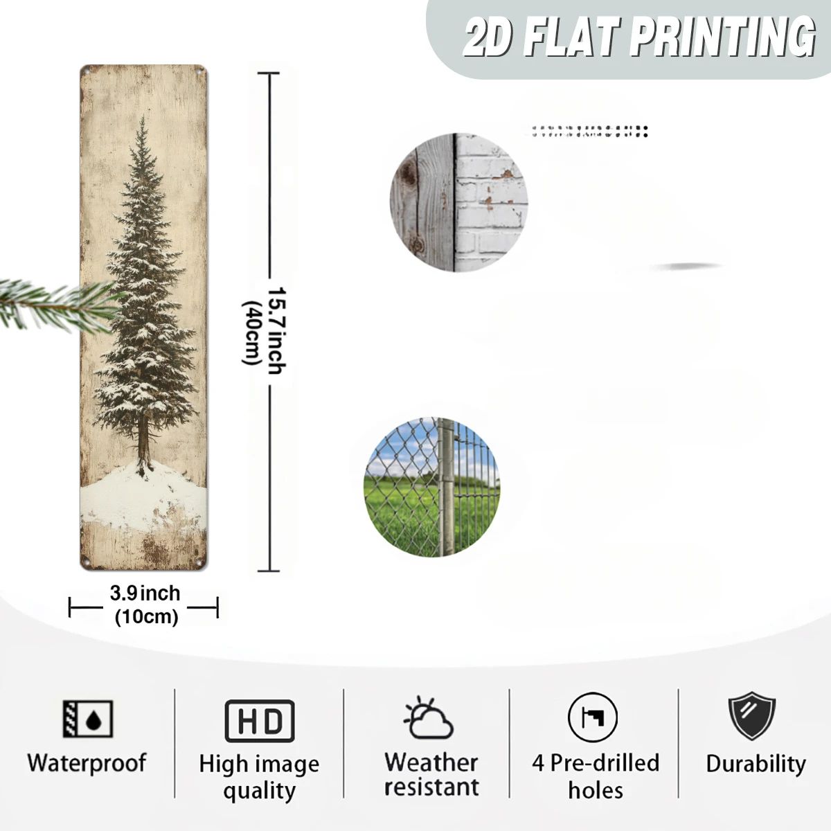 2D Flat Aluminum Winter Forest Snow Scene Decor Plaque, Retro Single Piece Evergreen Tree Sign,Home Bedroom Christmas Decor