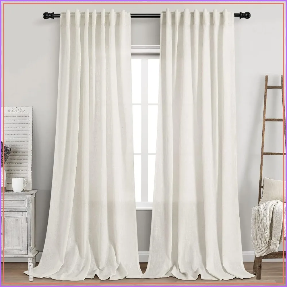 Cream Linen Curtains 108in Long, 2 Panels Set, Light Filtering Semi Sheer, Back Tab & Rod Pocket, Farmhouse Living Room, 9FT