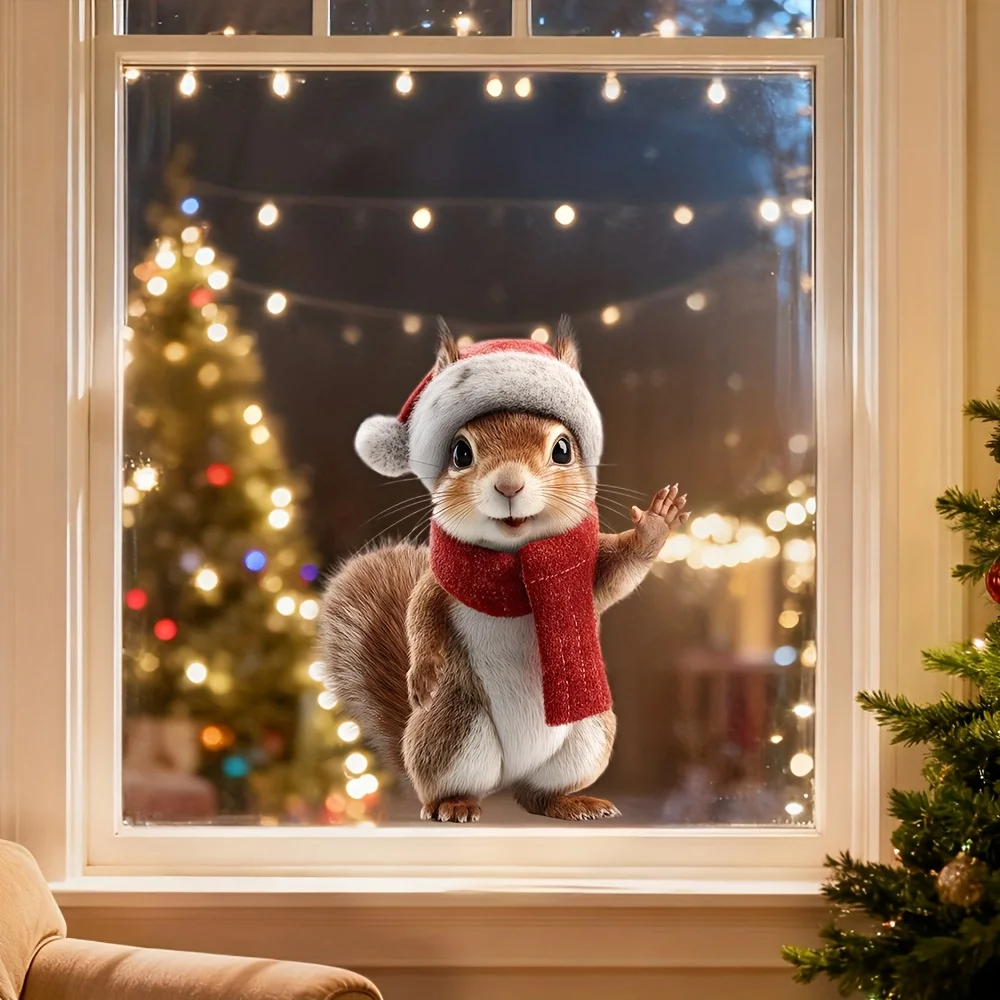 1 قطعة عيد الميلاد السنجاب نافذة ملصق مع وشاح سانتا قبعة ساكنة تتشبث الشتاء الباب الزجاج الديكور للمنزل مكتب مقهى