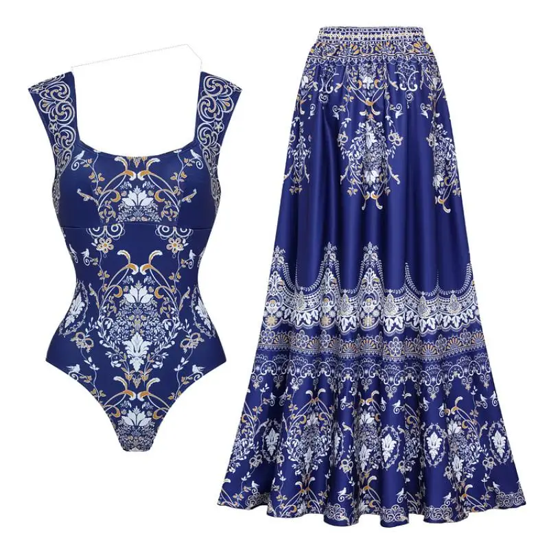 Femmes une pièce maillot de bain et jupe Flaxmaker Vintage bleu Royal Baroque imprimé maillots de bain ensembles dames été maillots de bain