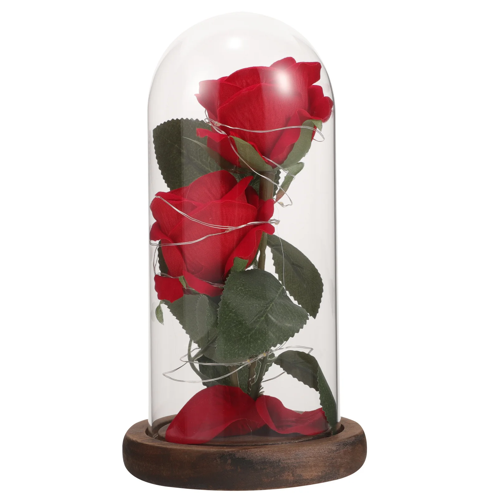 

Red Silk Rose LED Light Glass Dome Wooden Base Wedding Birthday Party Romance Decoration Table Lamp Rose LED Light