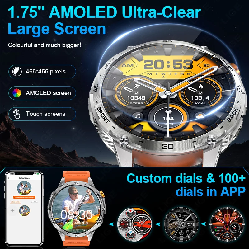 LIGE 730mAh Large Battery Ultra Long Standby Time LED Flashlight Men Bluetooth Call Smartwatch Waterproof 1.75inch Amoled Screen