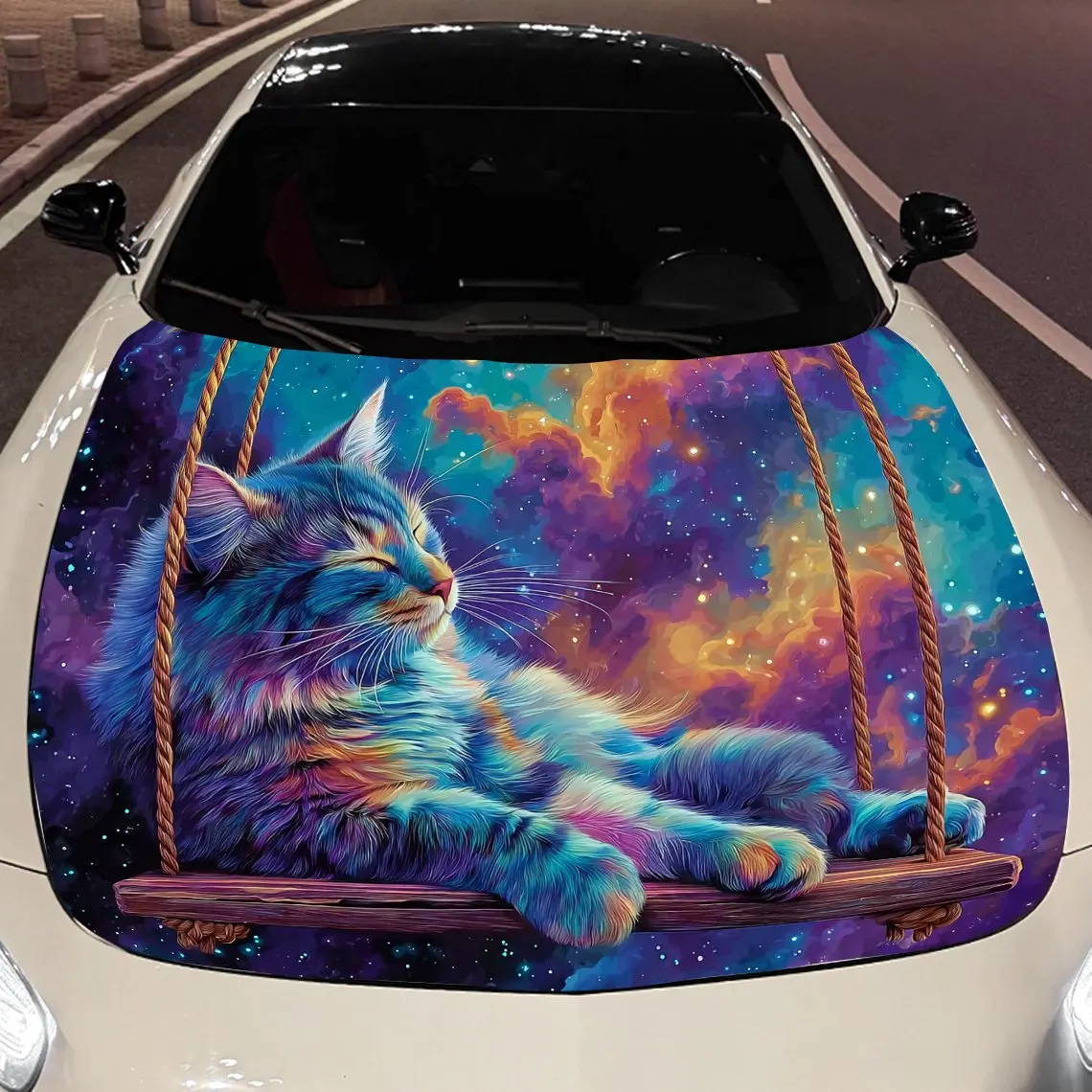 

The cat on the swing Car hood packaging sticker, PVC material, self-adhesive waterproof, anti-slip paint, car exterior decoratio