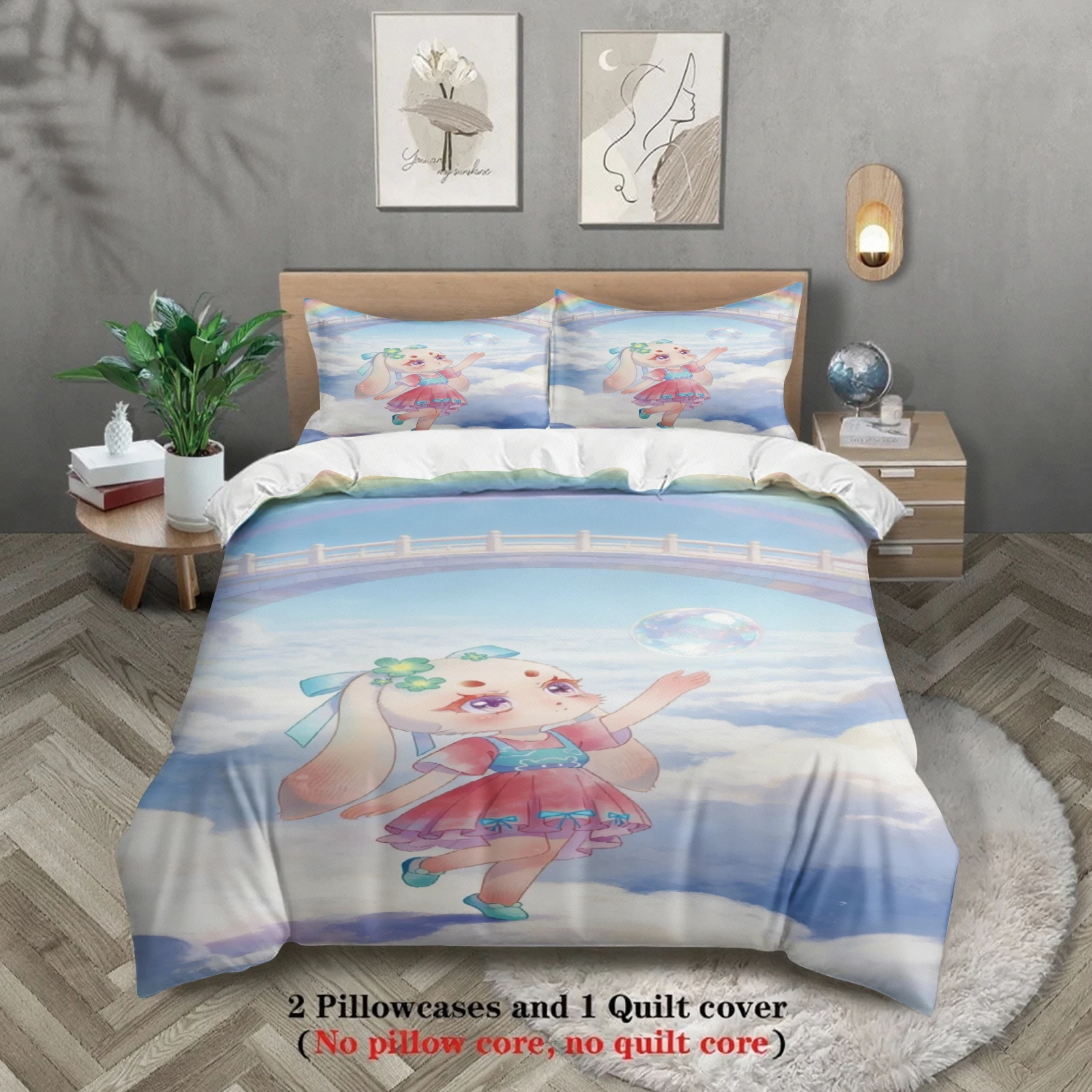 

Softville Cozy Town 3PCS Bedding Sets Lop Rabbit Playful Running Pose Pint Duvet Cover No filling Cartoon Style Queen King Size