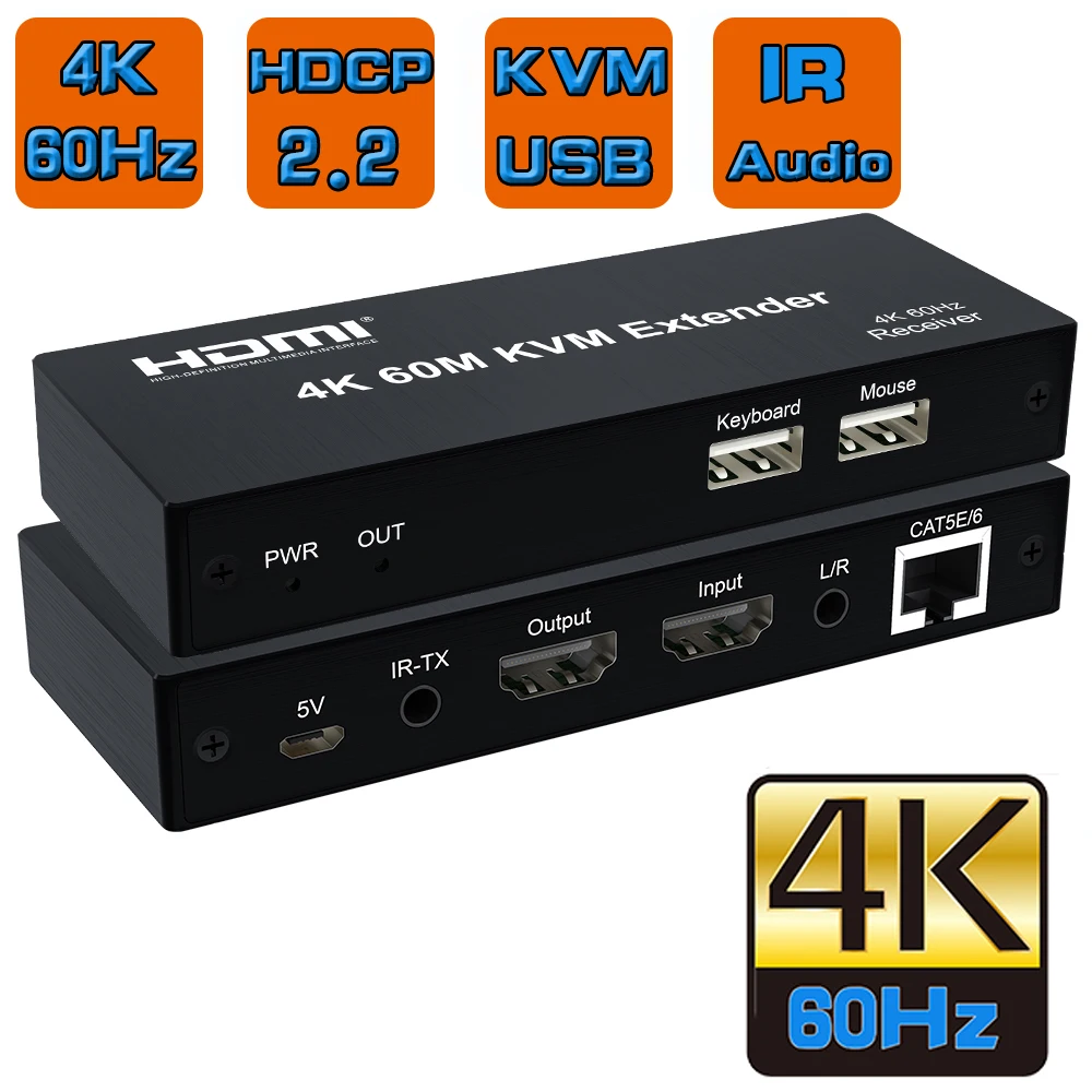 1080P 4K HDMI KVM Extender 60M over RJ45 Ethernet Cat6e/6 cable 4K HDMI USB Extender Transmitter Receiver kit mouse keyboard