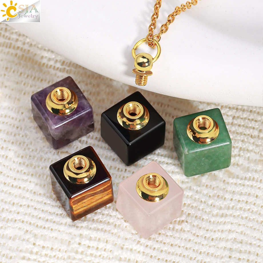 CSJA Natural Stone Perfume Necklace Square Pendant Cube Crystal Bottle Reiki Essential Oil Diffuse Necklace  Women Jewelry H411