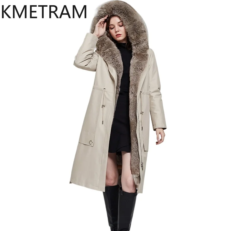 

KMETRAM Natural Rex Rabbit Fur Lining Fur Coat Fox Fur Collar Parka Jacket Winter Long Hooded Loose Woman Clothing 2025 пальто