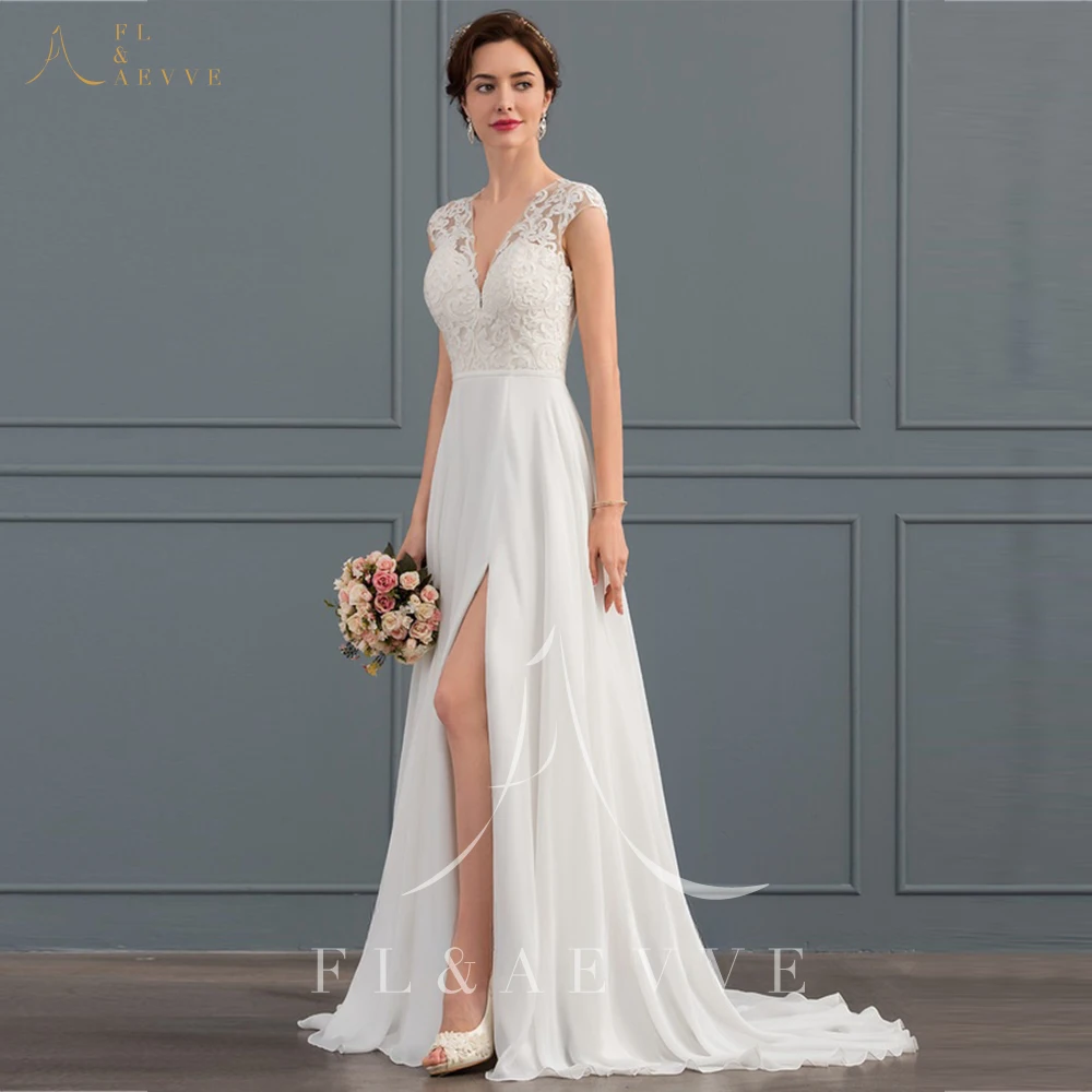 

Bohemian Brides Dress Princess A-line V-Neck Sweep Train Wedding Dress With Slit Lace Chiffon Backless Wedding Party Gown Robe