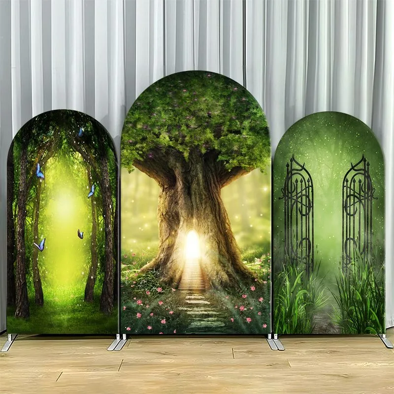 Elastic Double-layer Arch Backdrop Cover Enchanted Forest Background for Party Decorations Featuring Giant Tree with Sunlight