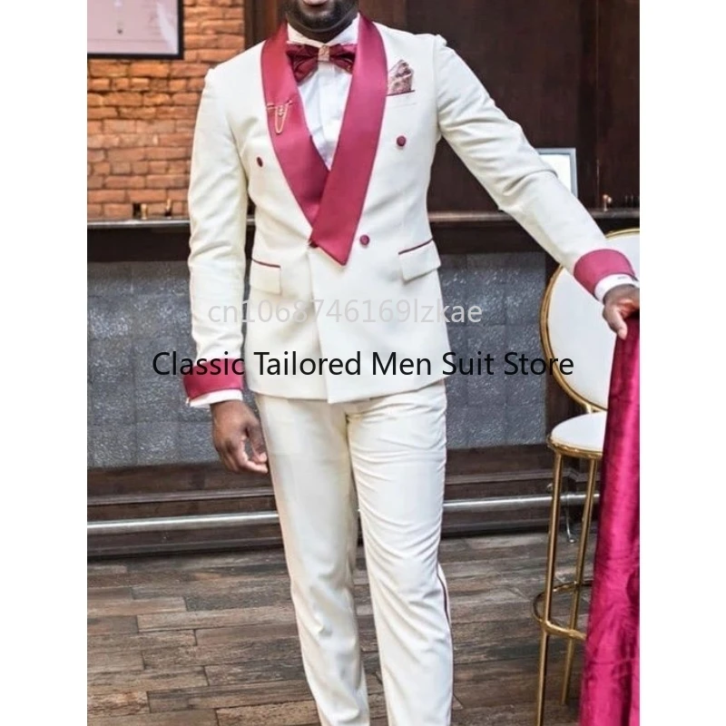 

Fashion Ivory Double Breasted Men Suits For Wedding With Satin Shawl Lapel Slim Fit Tuxedos 2 Pieces Blazers Jacket Trousers