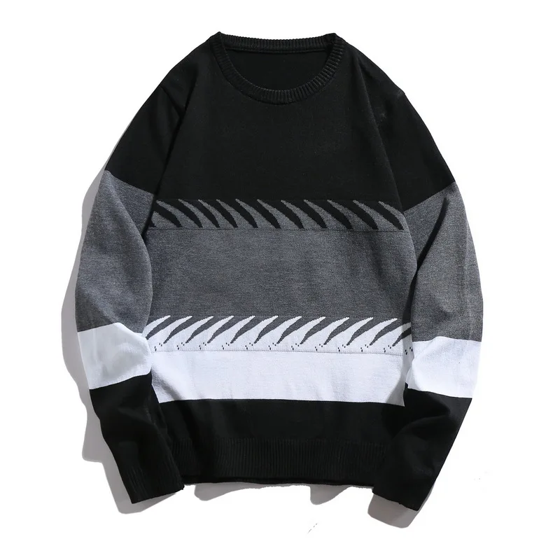 2024 Autumn/Winter New Korean Edition Men's Thin Fashion Trend Color Block Sweater Round Neck Casual Knitted Bottom Shirt