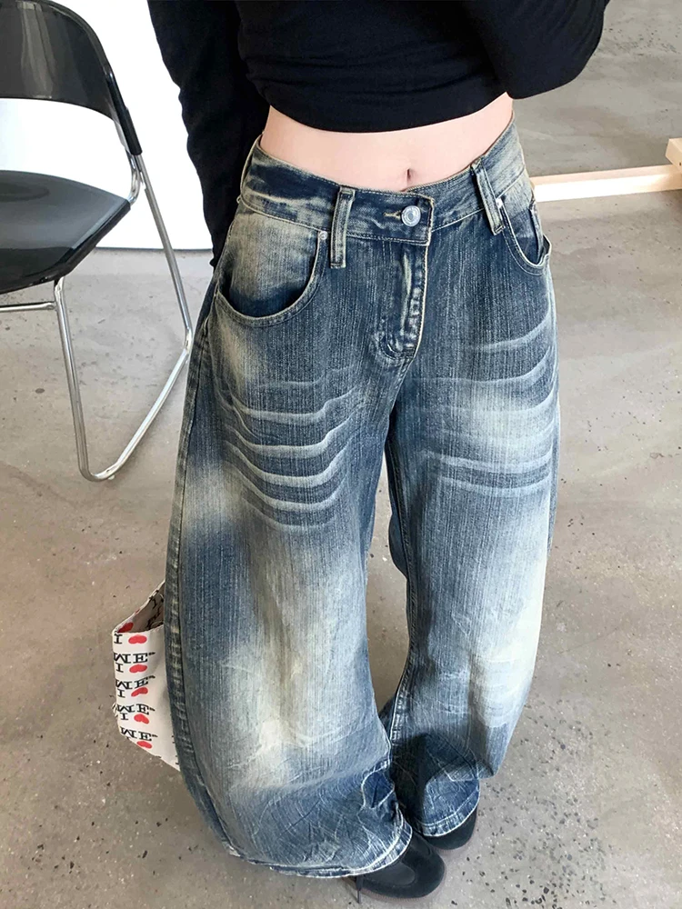 กางเกงยีนส์ทรงแบ็กกี้ผ้าเรดดาชิค แต่งลายวินเทจ สไตล์เกาหลี เอวต่ำ ทรงหลวม ขากว้าง ทรงกระบอก สตรีทแวร์ ยุค Y2K