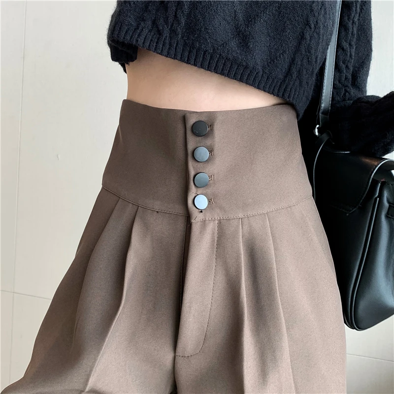 Women Harem Pants Korean Casual Spring Autumn High Waist Trousers Female Solid Buttonn Dressing Relaxed Fit Pleated Pants