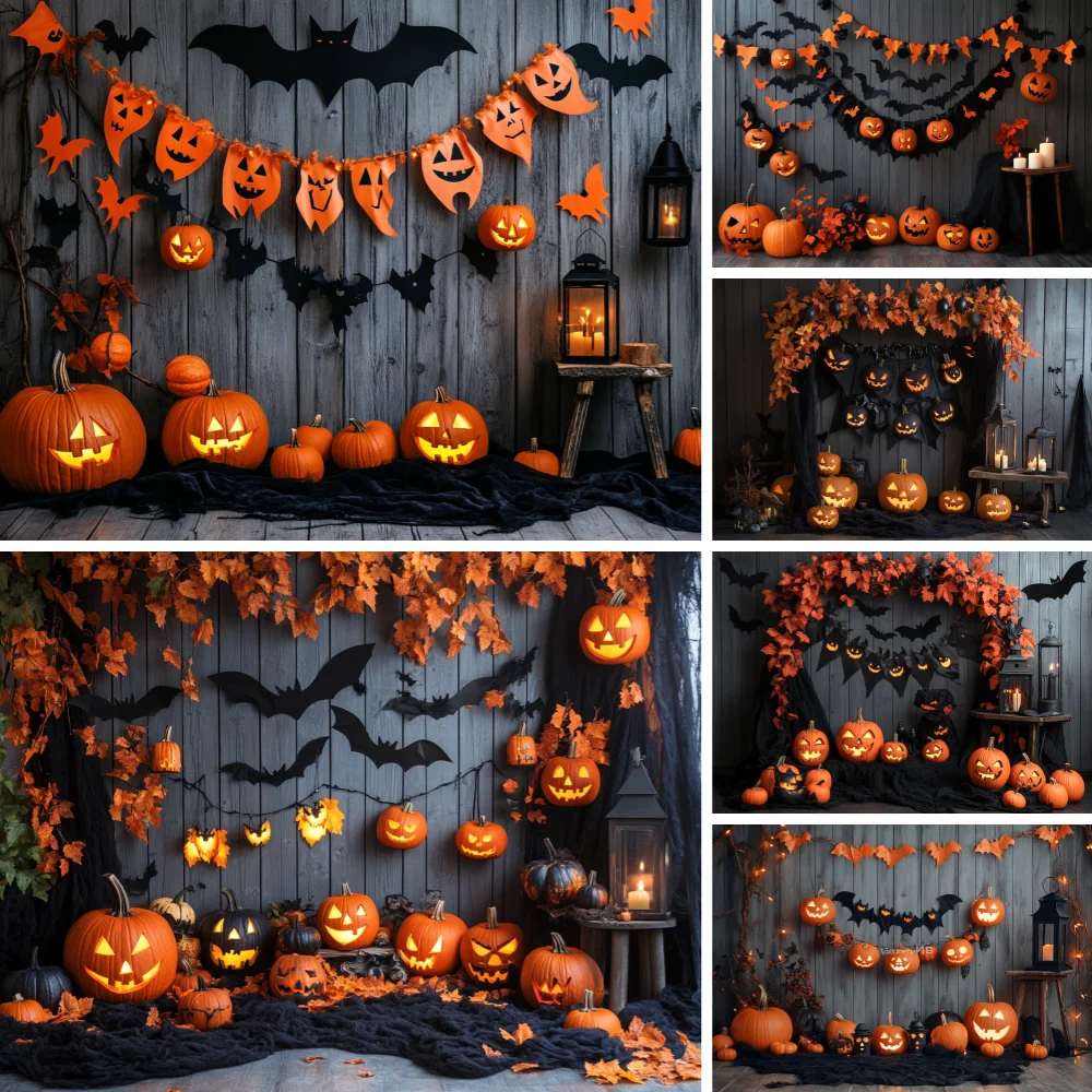 Grey Wooden Wall Halloween Backdrop Pumpkin Banner Black Bat Cutouts Lantern Vintage Lantern Fall Decor Kids Holiday Background
