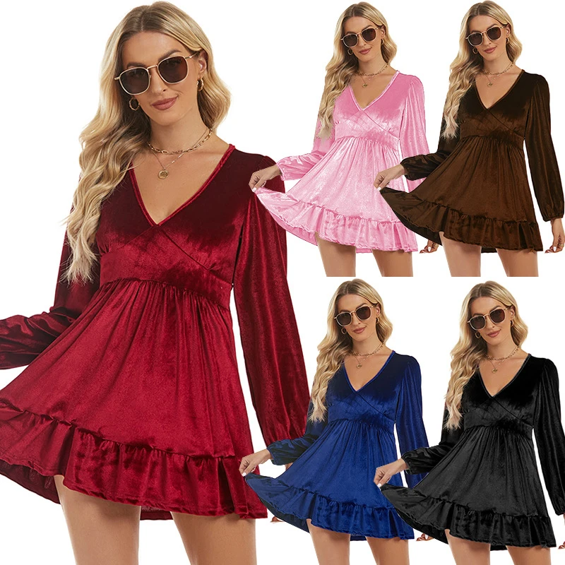 

2024 Lantern Sleeve Long Sleeve V-neck Dress High Waist Casual All-match Dress Canary Base Skirt