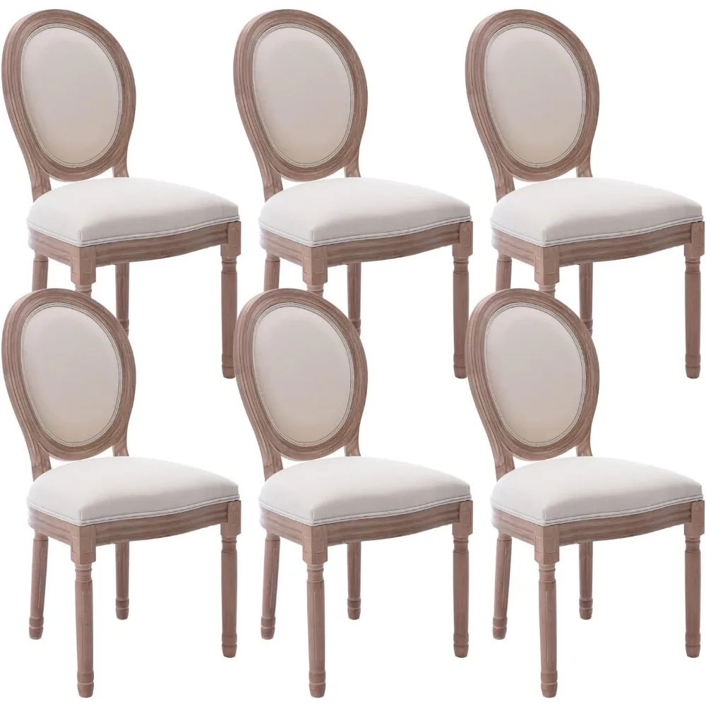 

French Country Dining Chairs Set of 6, Vintage Louis Chairs with Curved Backrest and Beautifully Carved Solid Wood Frame, Farmh