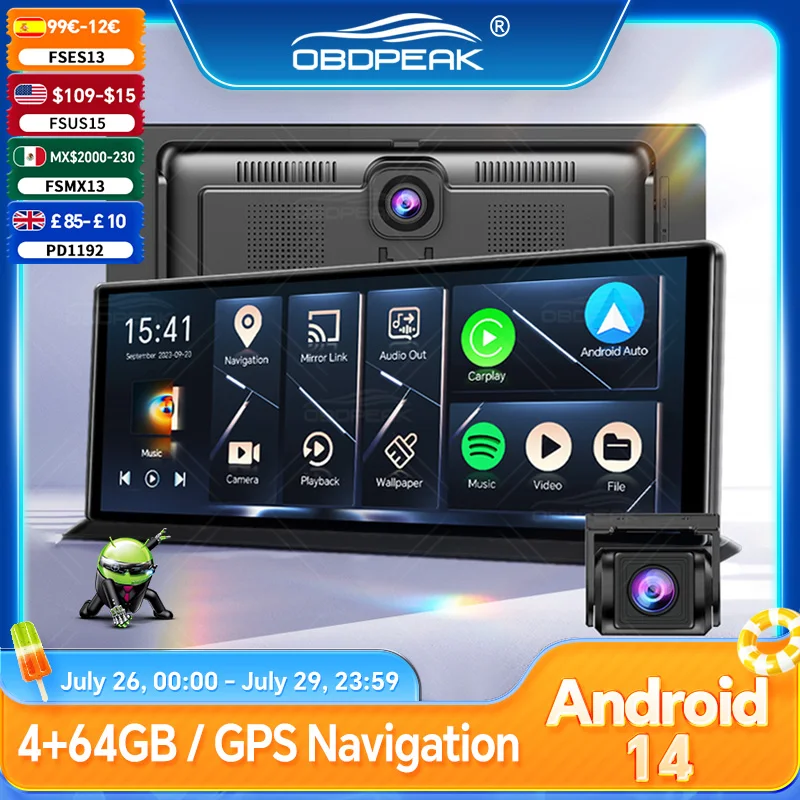 Caméra de tableau de bord K60 Pro avec DVR, Android 14, CarPlay sans fil, Android Auto, double objectif, enregistreur vidéo 1080P, navigation GPS, Wi-Fi et caméra de recul