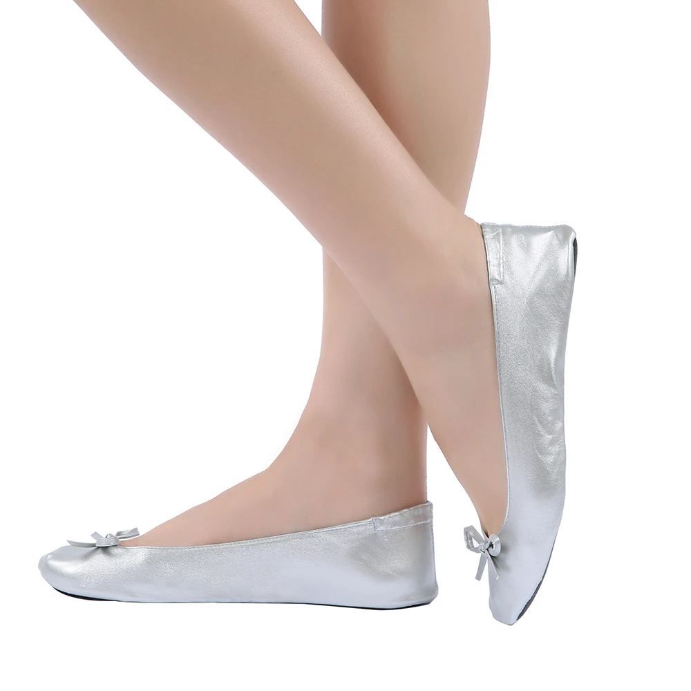 Silver Shoe Flats Portable Fold Up Ballerina Flat Shoes Roll Up Foldable Ballet After Party Shoes For Bridal Wedding Party Favor