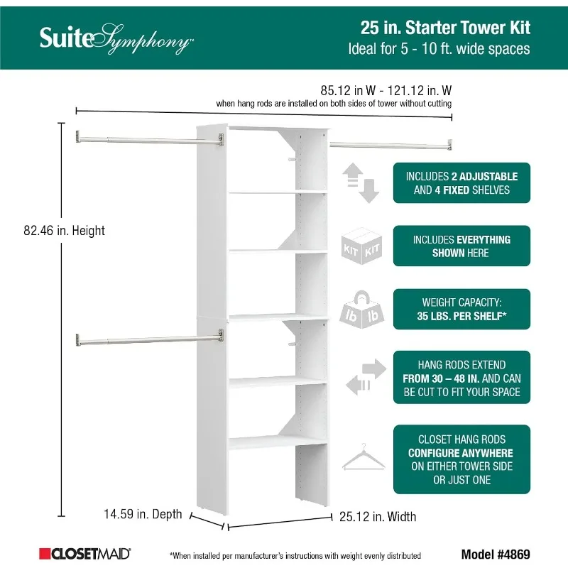 SuiteSymphony Wood Closet Organizer Starter Kit Torre e 3 Hang Rods, Prateleiras ajustáveis, Fits Spaces