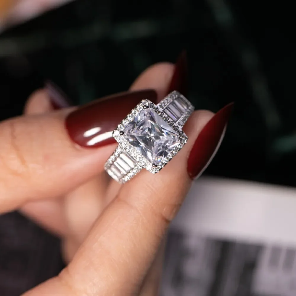 Original 925 Sterling Silver Engagement Wedding Rings for Women Luxury Square T Simulated Diamond Platinum Ring Jewelry 2