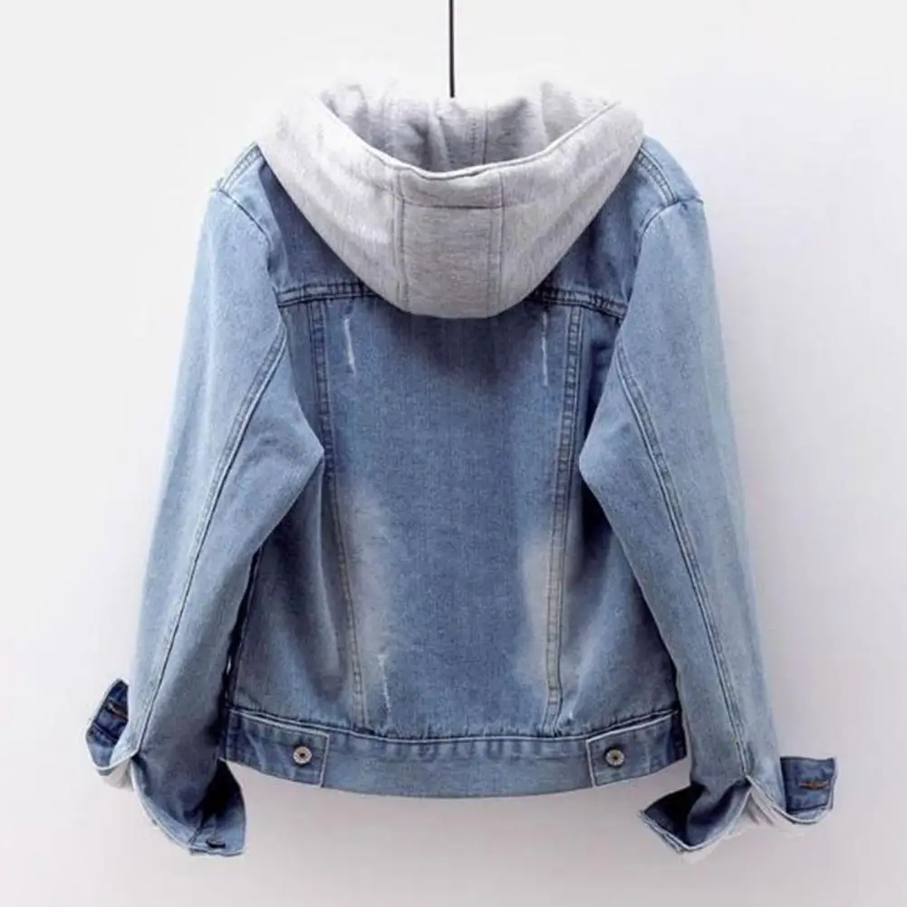 Women Winter Denim Jacket Hooded Solid Color Long Sleeves Detachable Hat Thick Keep Warm Single-breasted Plush Denim Coat куртка