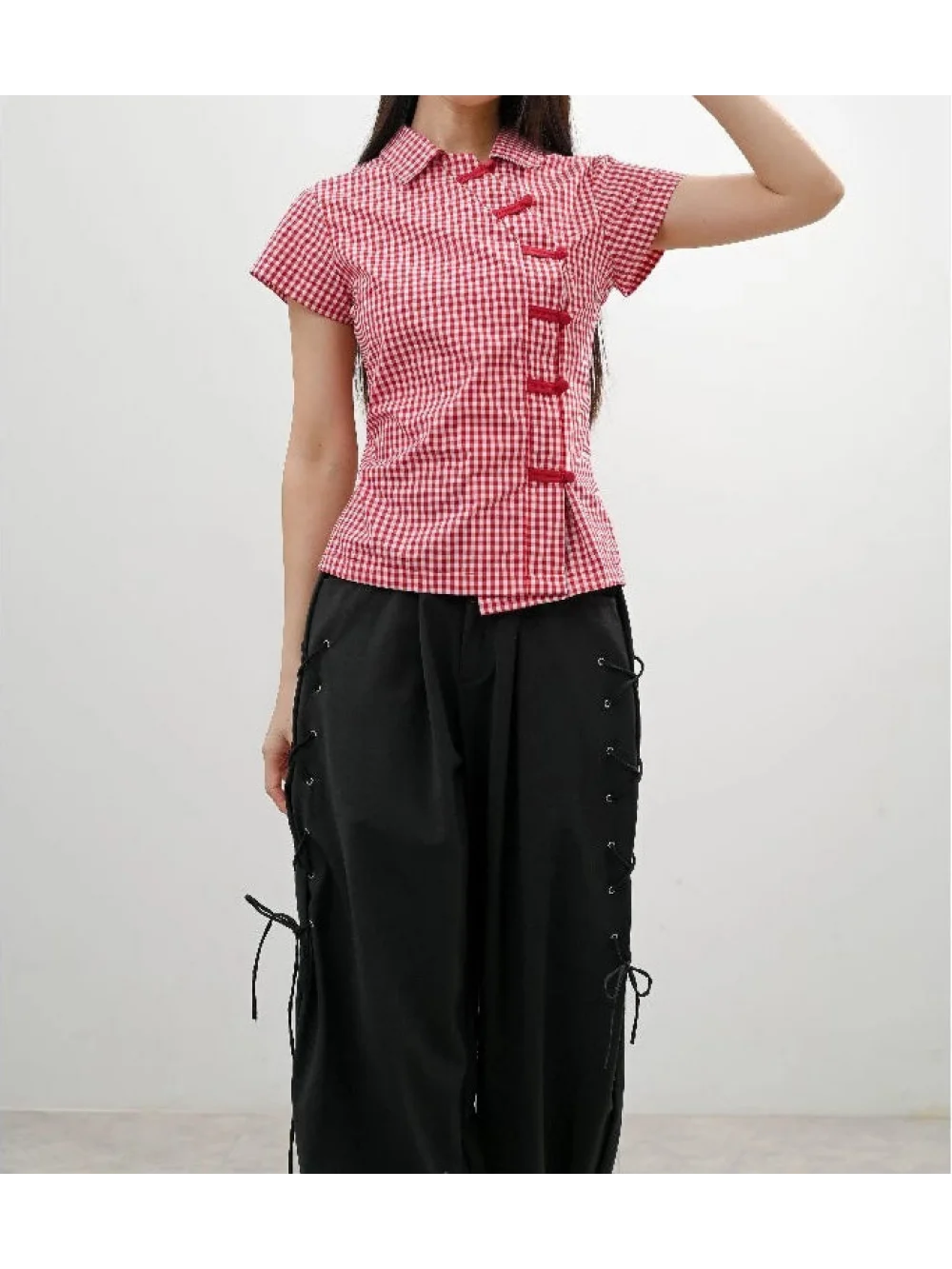 2026 new summer Y2K checkered new Chinese qipao shirt, short sleeved top, trendy and versatile, personalized and niche outfit