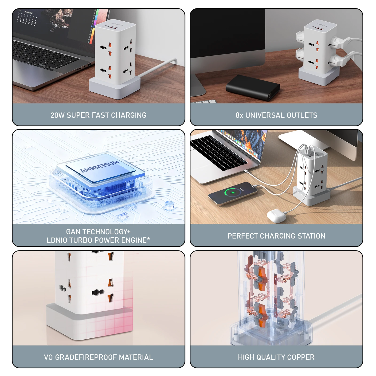 Tower Power Strip Multi Outlets With PD 20W Type C 2M Extension Cable EU UK US Plug Electric Socket Surge Protection For Travel