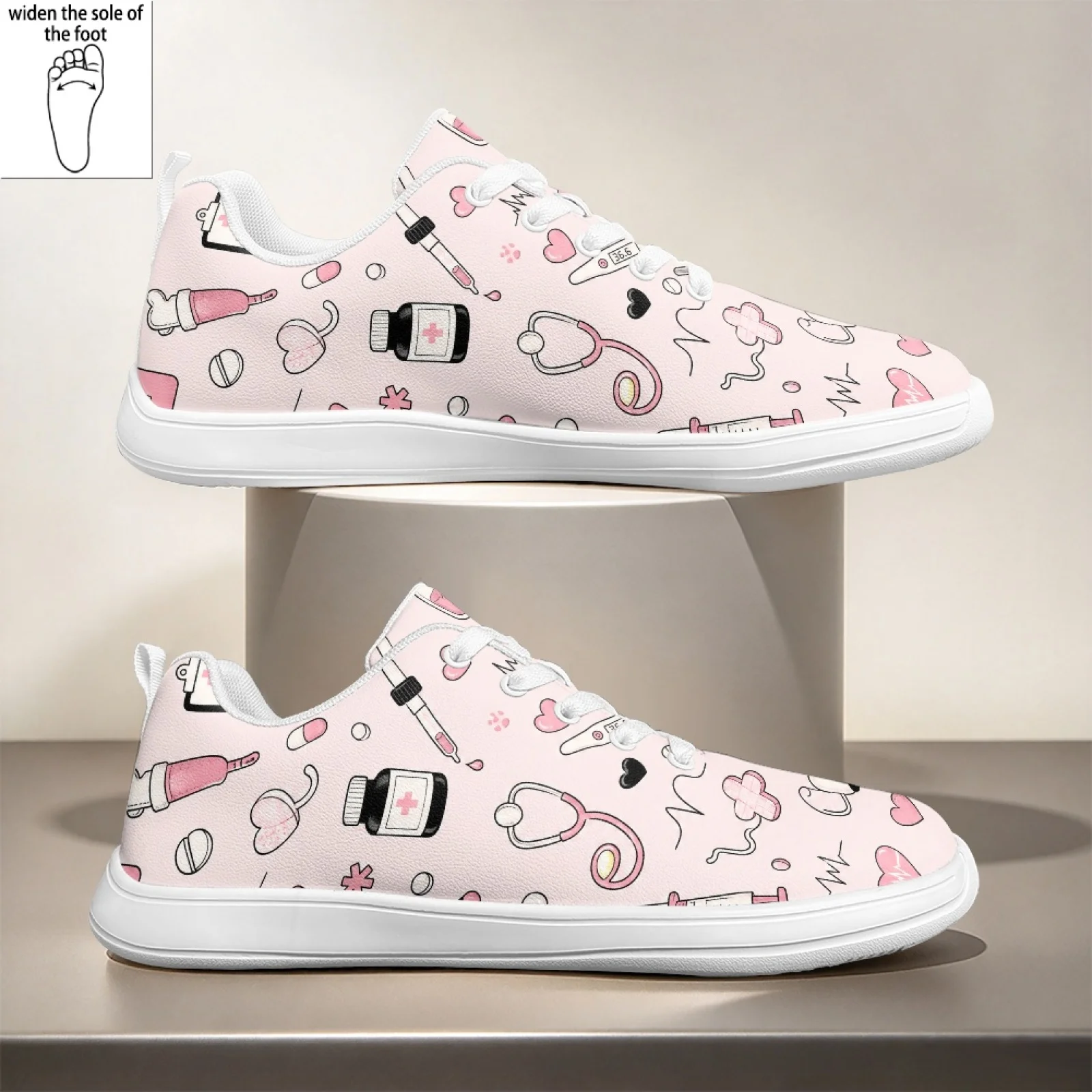 PENSTROLL Medical Nurse Pattern Lace-Up Nurse Shoes for Women Standing PU Casual Work Sneakers Everyday Walking Shoes
