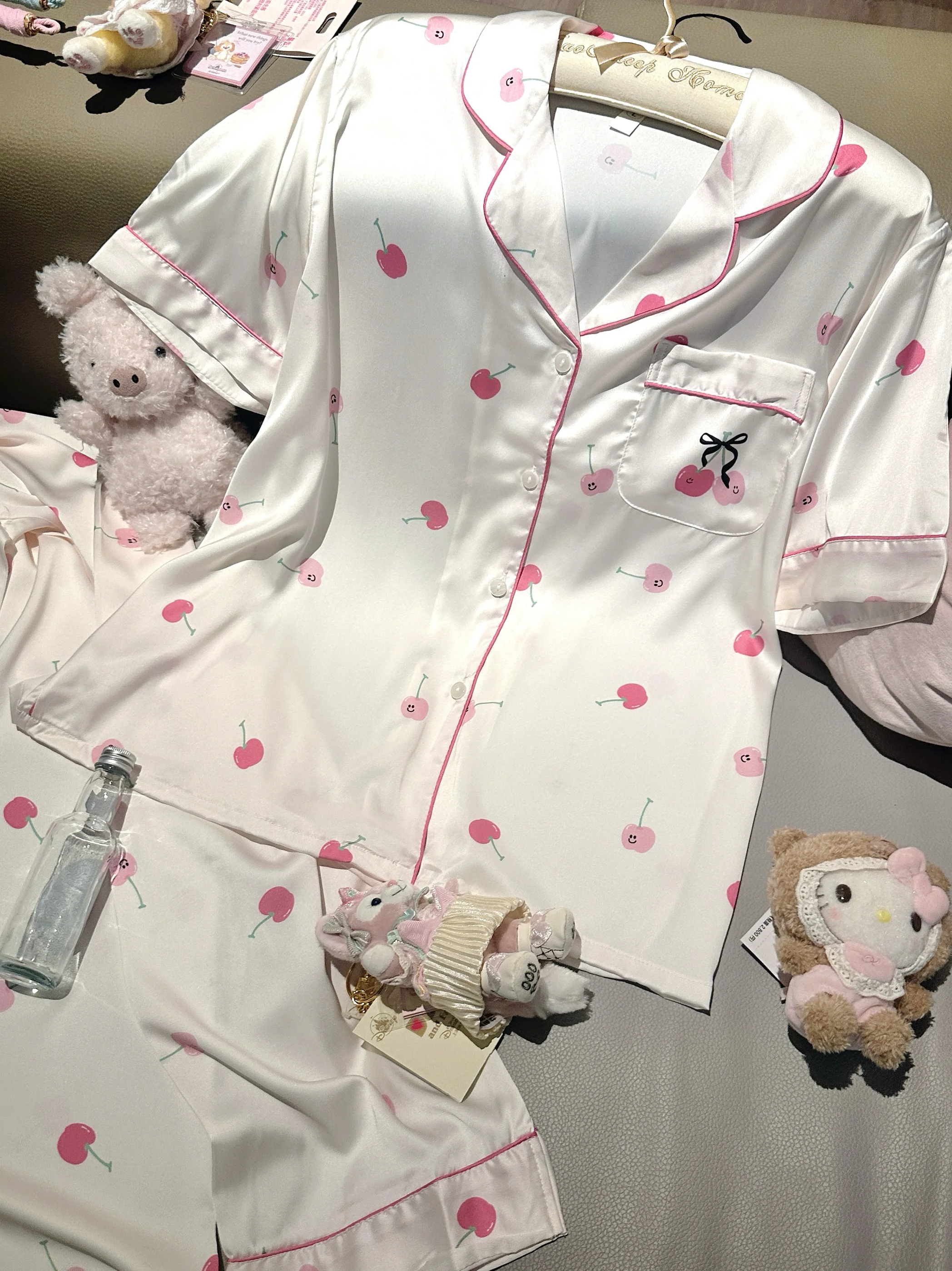 Japanese Sweet Ins Satin Ice Silk Short Sleeve Pajamas Spring Summer Cute Girl Homewear Set 2025 New Wearable Outside