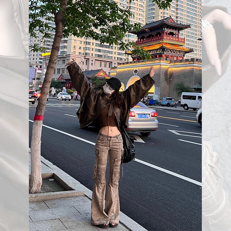 Jaet en cuir marron rétro américain pour femme, manteau d'automne et d'hiver, petite taille, moto Jaet Fraance Sle