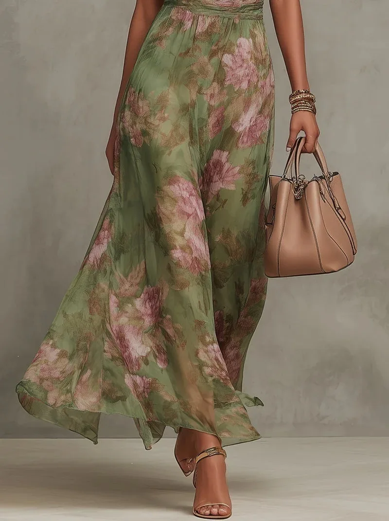 Vintage Maxikleid aus Chiffon mit Neckholder, ärmellos, rückenfrei, hoher Taille, Schlitz, fließend, mit floralem Aquarellmuster für Abend und Hochzeit – Detail 4