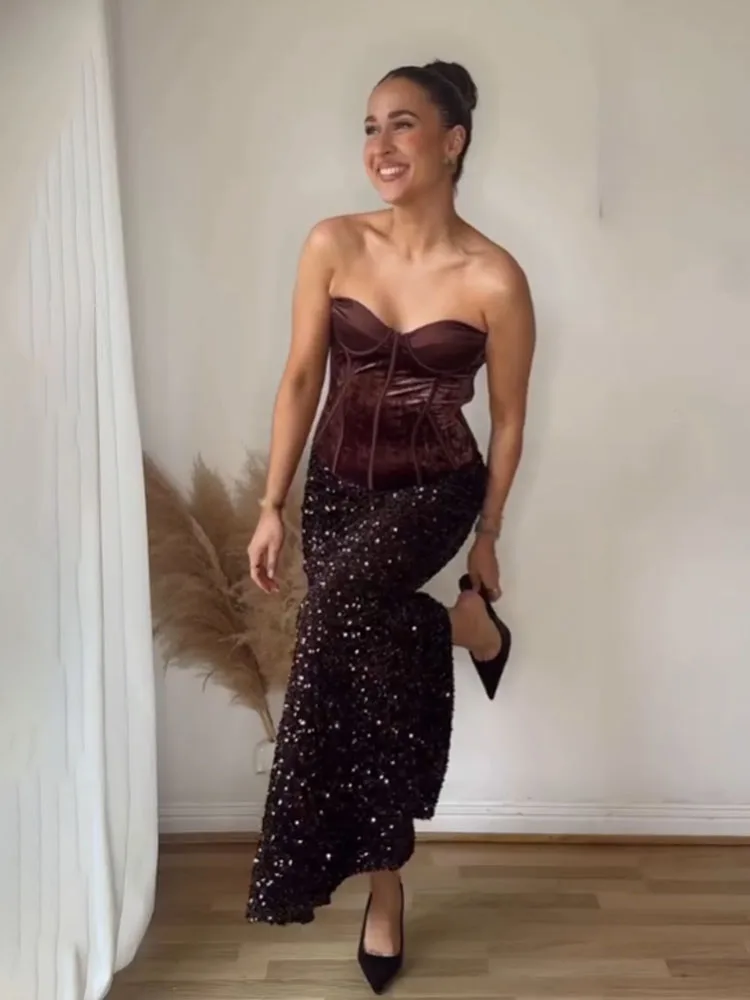 HH レディース 夏新作 ファッション パーティー スカート 無地 ハイウエスト スパンコール装飾 スリット入り 女性用 セクシー スリム ロングスカート エレガントスカート