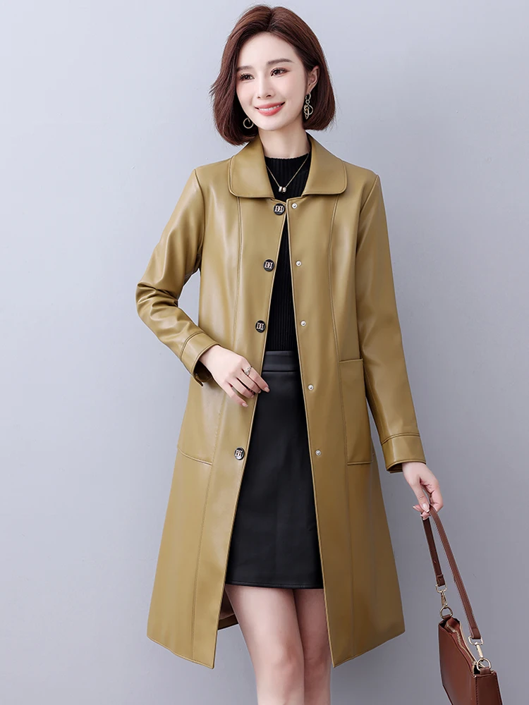 秋冬レディーススリムフィットロングシープスキンレザージャケットミッドレングスコートスリーカジュアルアウターウェア通気性ファッショナブル