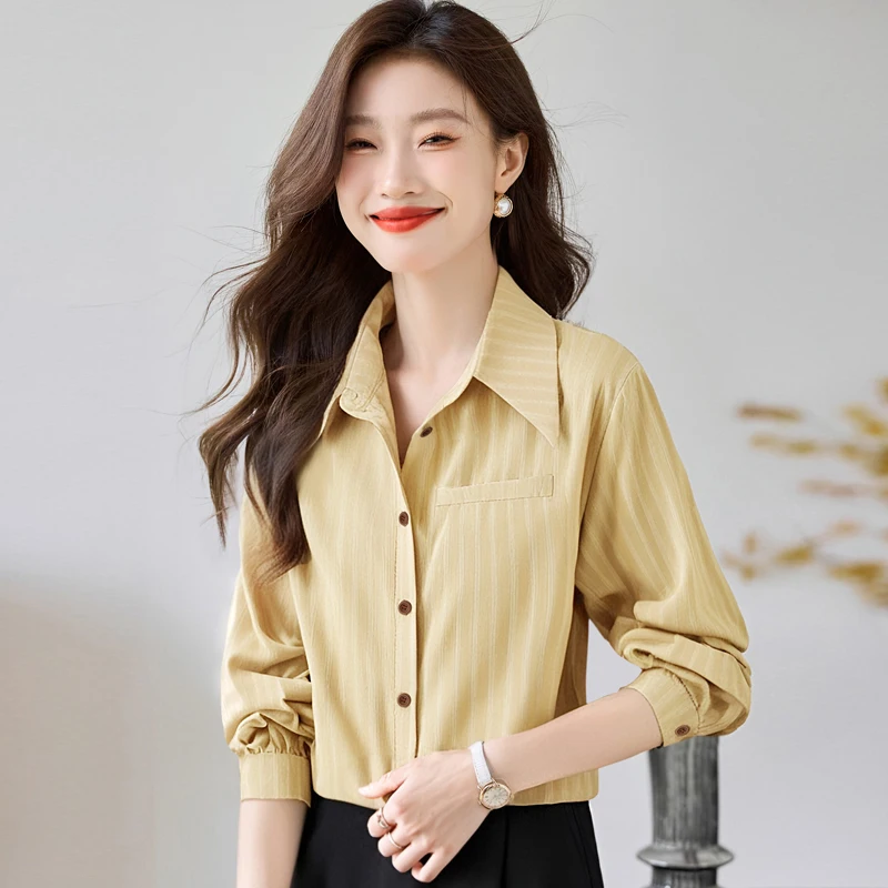 Fashion Slim blouse Autumn New Women's Clothing Long Sleeve Striped Polo-Neck Ladies Tops Elegant Temperament Loose Women Shirt