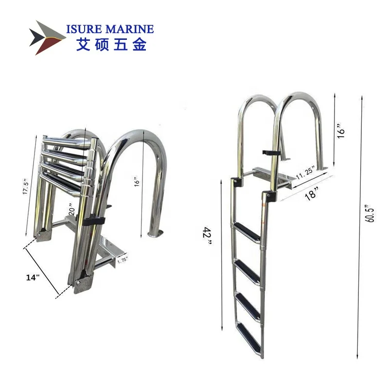 MARINE Folding Telescoping Curved Handle Stainless Steel Boat Marine Ladder Inboard 4 Step Ladder Dock High Polished