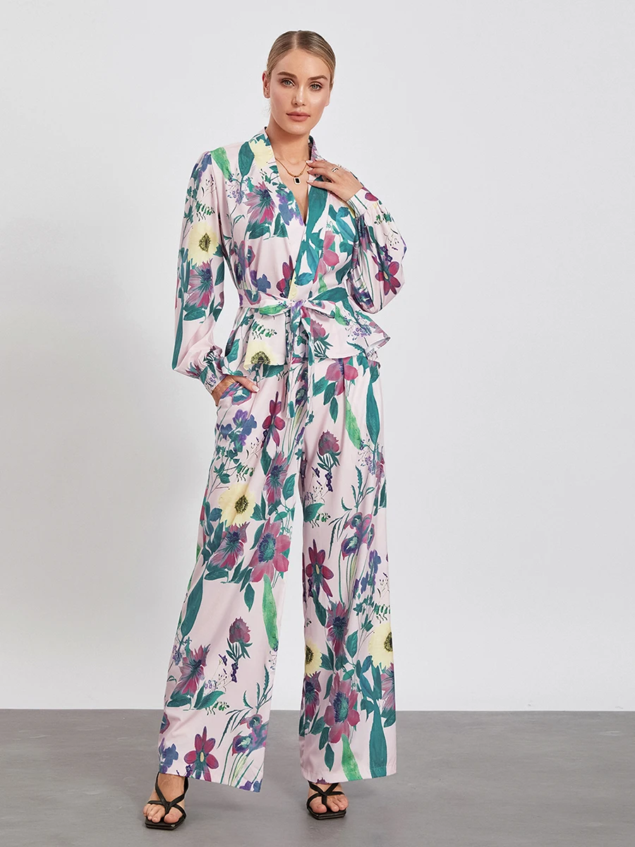 ชุดเสื้อผ้า2ชิ้นสำหรับผู้หญิงชุดเสื้อผ้า2ชิ้นเสื้อแขนยาวคอวีแขนโคมไฟพร้อมเข็มขัดกางเกงขาม้าพาลาซโซเลานจ์