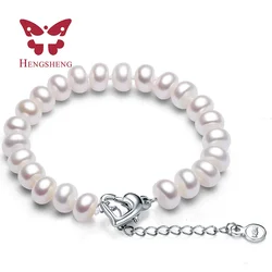 Elegant White 100% Natural Freshwater Pearl Chain & Link Bracelets For Women Fashion Jewelry Heart Clasp,18cm + 4cm extend chain