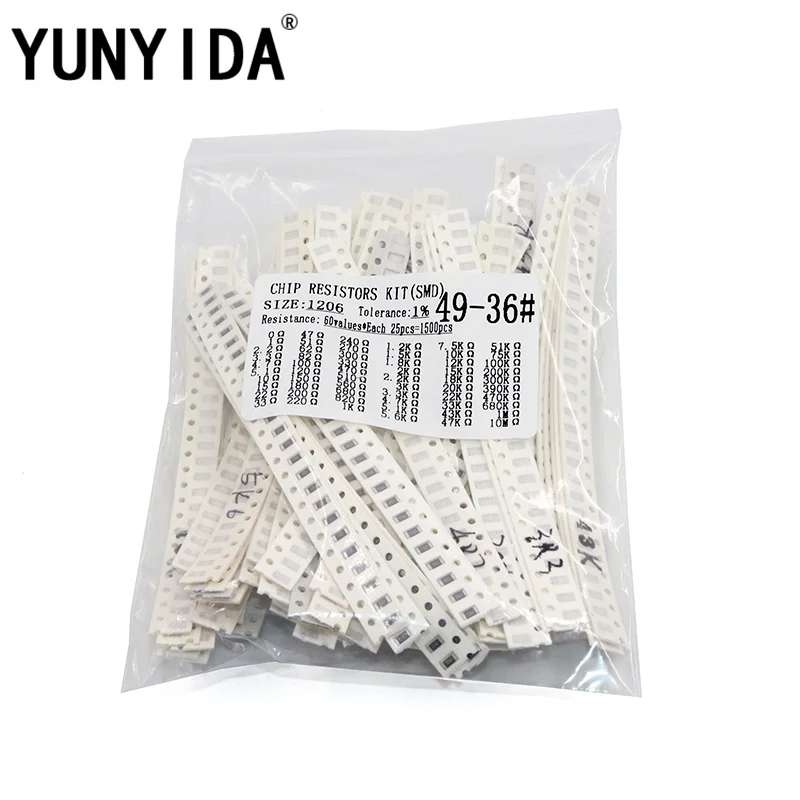 1206 SMD Resistor Kit Assorted Kit 1ohm-10M ohm 1% 60valuesX 25pcs=1500pcs Sample Kit